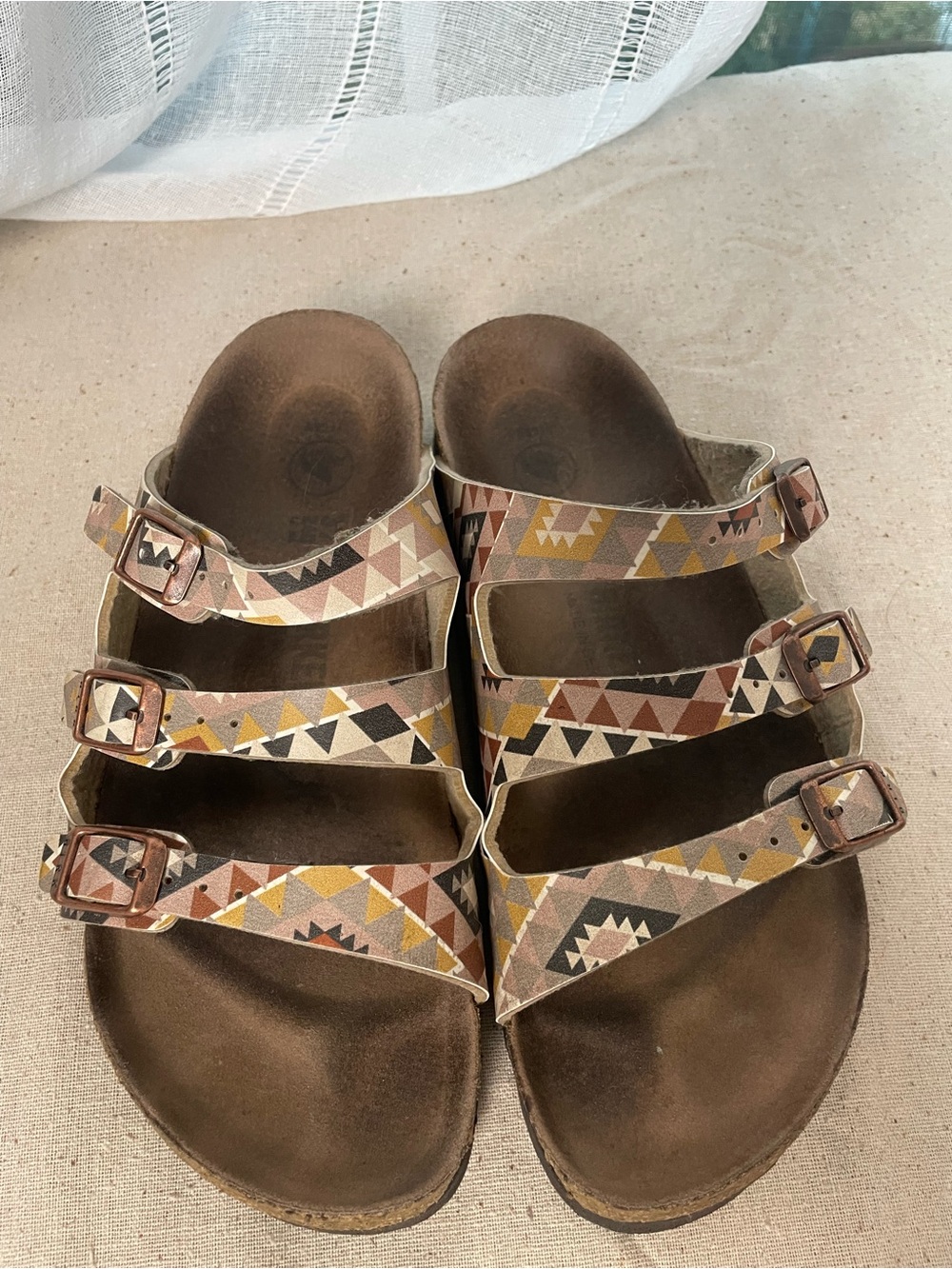 Birkenstock Triple-Strap Sandals in Brown, Yellow, Pink Geometric Print